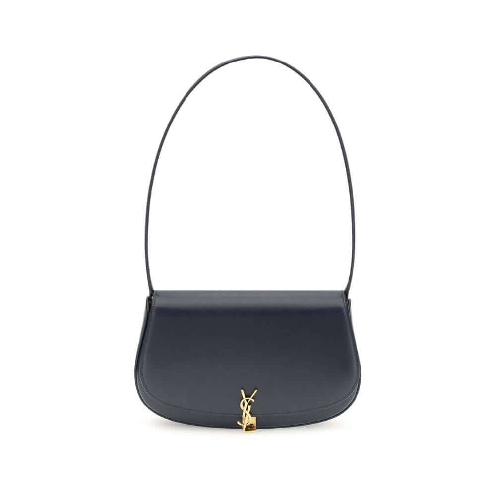 Blue Calf Leather Bos Taurus Shoulder BagThe Voltaire mini Shoulder Bag by Saint Laurent is an elegant crescent-shaped bag crafted from calfskin with a lightly polished finish. Bronze-colored metallic parts add a warm, vintage touch, while the Cassandre m