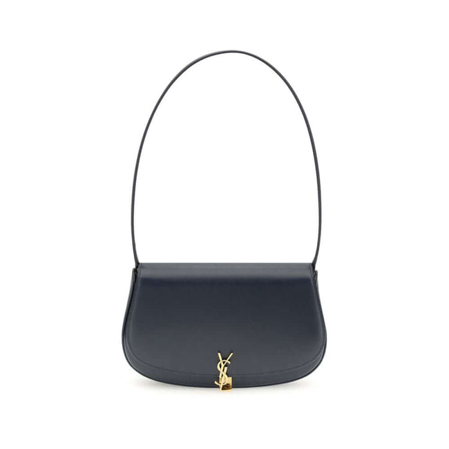 Blue Calf Leather Bos Taurus Shoulder BagThe Voltaire mini Shoulder Bag by Saint Laurent is an elegant crescent-shaped bag crafted from calfskin with a lightly polished finish. Bronze-colored metallic parts add a warm, vintage touch, while the Cassandre m