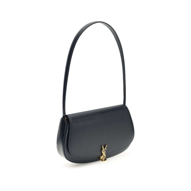Blue Calf Leather Bos Taurus Shoulder BagThe Voltaire mini Shoulder Bag by Saint Laurent is an elegant crescent-shaped bag crafted from calfskin with a lightly polished finish. Bronze-colored metallic parts add a warm, vintage touch, while the Cassandre m