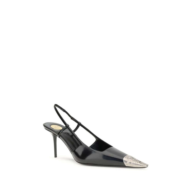 Black Leather PumpsGlossy leather Jeanne Pumps by Saint laurent combine bold elegance with iconic details. Featuring a silhouette with a square neckline and metal toe decorated with the hammered CASSANDRE monogram, they stand out for their refined and rec