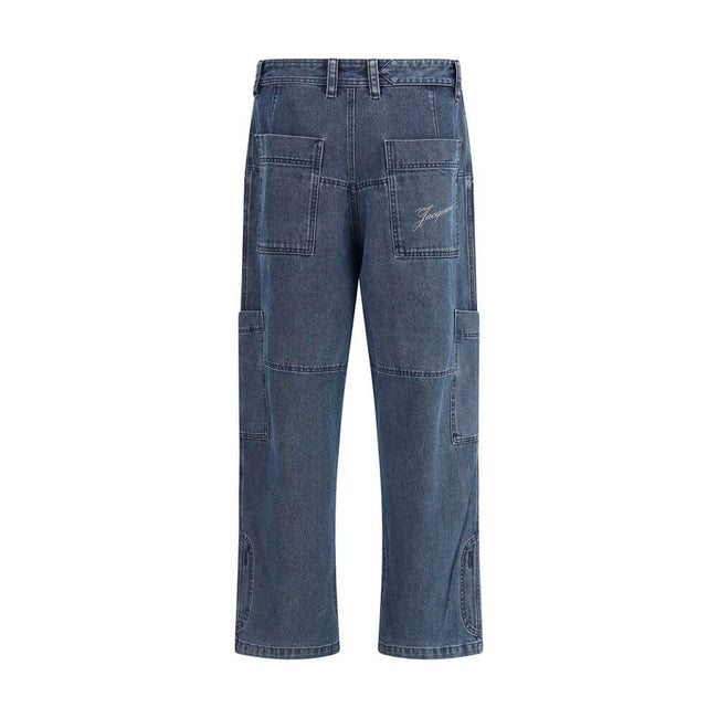 Blue Cotton Jeans DenimThe Le Cargo De-Nîmes Carré Jeans by Jacquemus reinterpret denim with a sculptural and contemporary approach. The wide, straight-leg cut pairs with functional details such as cargo pockets on the leg and back patch pockets featuring