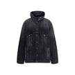 Black Cotton Denim JacketThe Layered Jacket by Balenciaga redefines layering with a modern twist. The front panel is crafted in denim, while the back and hood are made of soft sweatshirt fabric for a relaxed contrast. It features a classic collar, button-