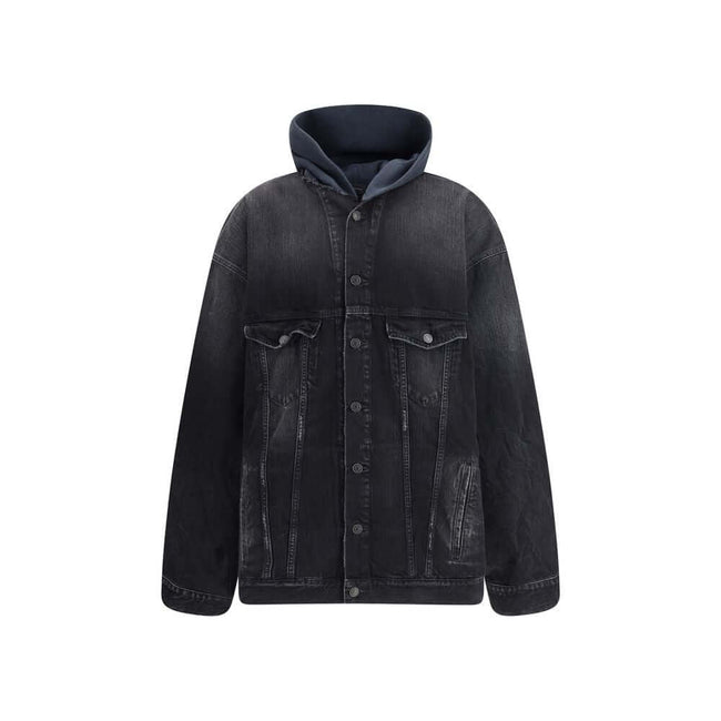 Black Cotton Denim JacketThe Layered Jacket by Balenciaga redefines layering with a modern twist. The front panel is crafted in denim, while the back and hood are made of soft sweatshirt fabric for a relaxed contrast. It features a classic collar, button-