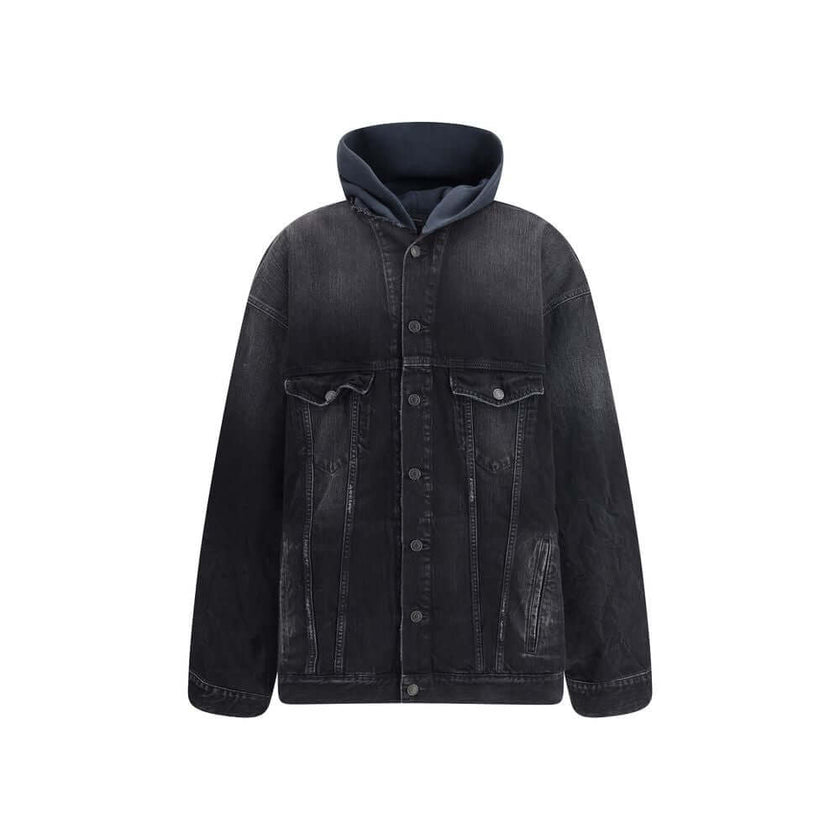 Black Cotton Denim JacketThe Layered Jacket by Balenciaga redefines layering with a modern twist. The front panel is crafted in denim, while the back and hood are made of soft sweatshirt fabric for a relaxed contrast. It features a classic collar, button-