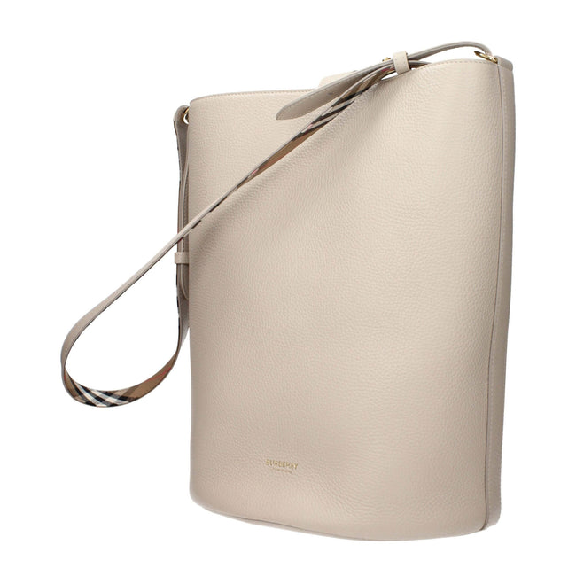Beige Leather HandbagDescription: The product with MPN 8104438 and code F85147 leather in beige is a handbags designed by Burberry. It has features like front logo, removable handle, adjustable shoulder, removable shoulder.Beige Leather Handbag${tagsBurbe