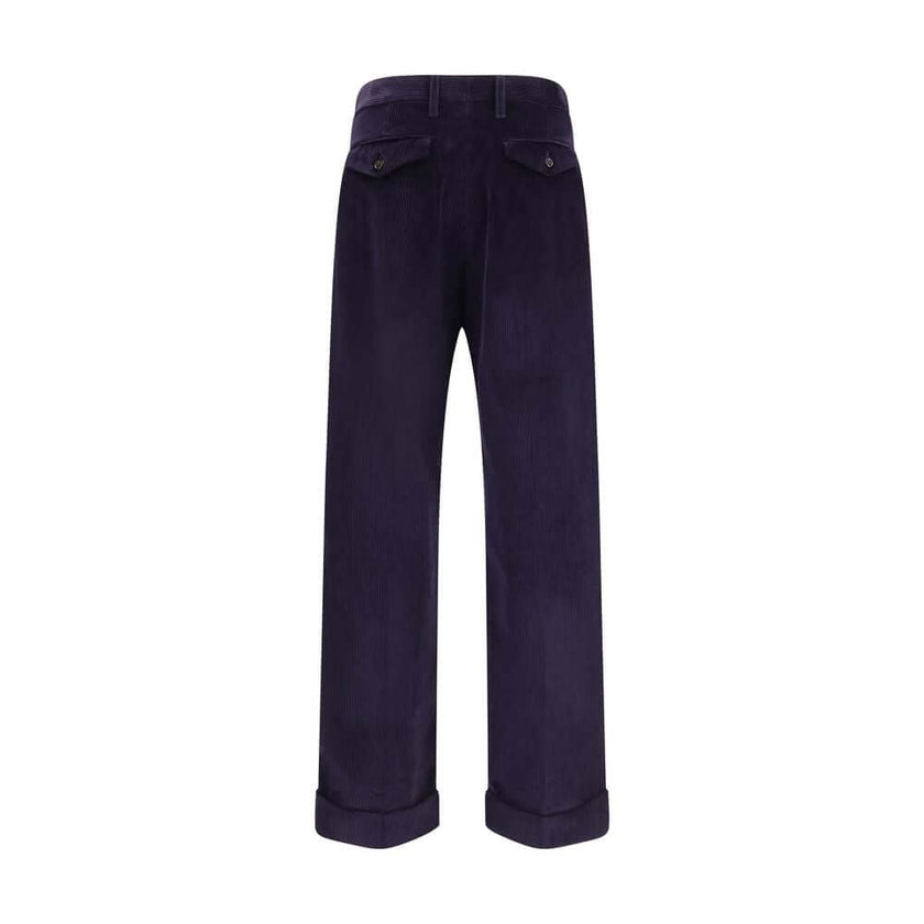 Blue Cotton PantsThe cotton corduroy Trousers by Burberry embody the authentic spirit of British elegance, reinterpreted with a modern sensibility. The relaxed cut with triple pleats and turn-up cuffs creates a refined, easy silhouette, while the hook, bu