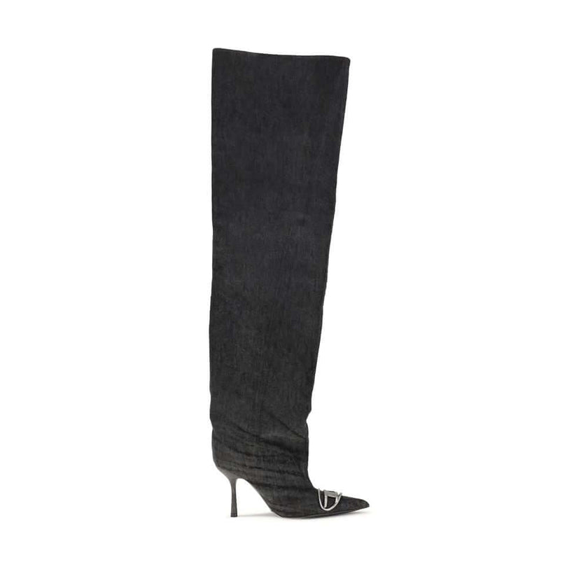 Black Fabric Over The KneeThe Venus high Boots by Diesel combine bold character and contemporary style. Made of black denim with a coated wash, they stand out with a wide, slightly gathered shaft that wraps around the leg to the thigh. The tapered toe and