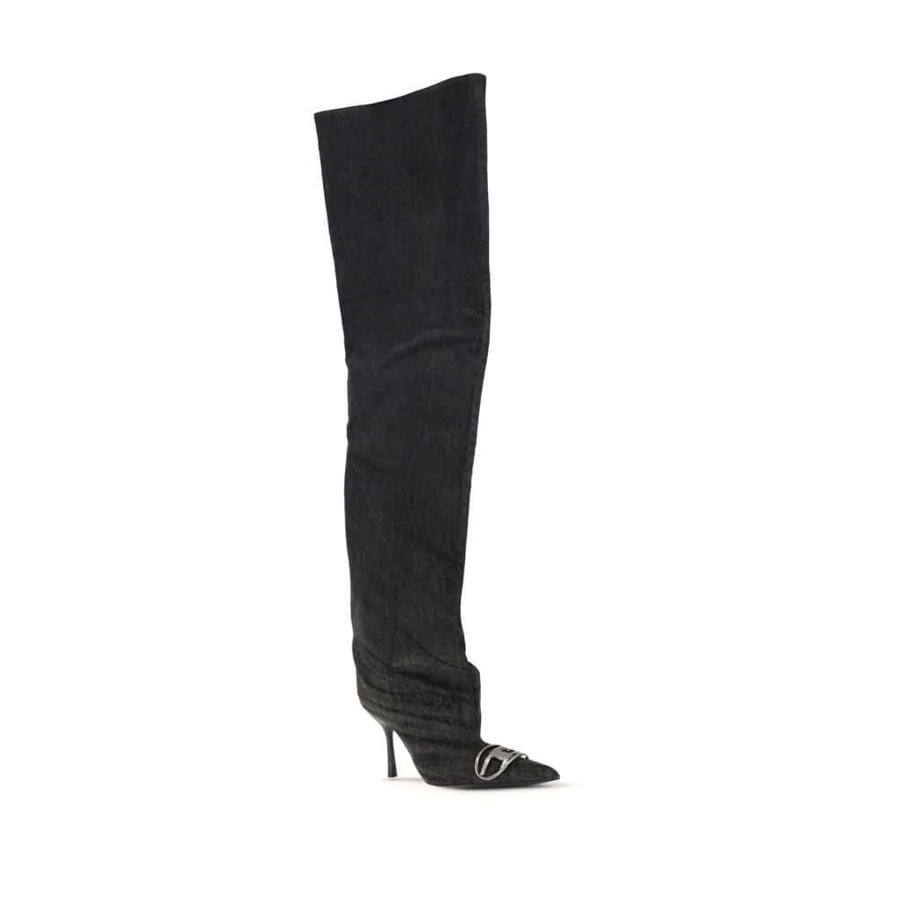 Black Fabric Over The KneeThe Venus high Boots by Diesel combine bold character and contemporary style. Made of black denim with a coated wash, they stand out with a wide, slightly gathered shaft that wraps around the leg to the thigh. The tapered toe and