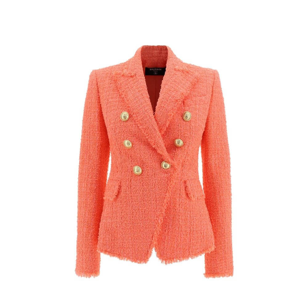 Orange Cotton BlazerDescription: – Composition: 6% Cotton 79% Polyamide 15% Wool – Long sleeves – Peak lapels – Front button closure – Button cuffs – Two side pocket with flap – One small front pocket – Made in Poland – Gender: WOMEN – Size & Fit: – Fits