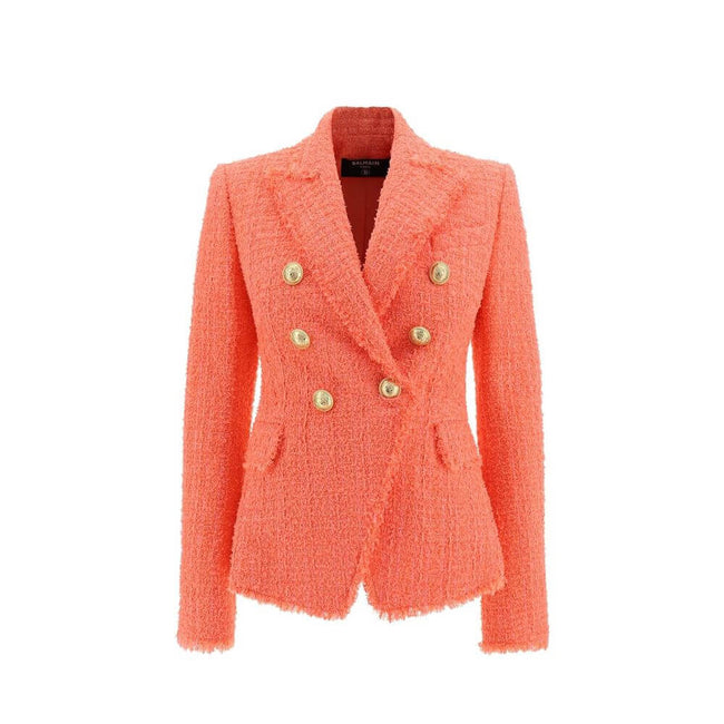 Orange Cotton BlazerDescription: – Composition: 6% Cotton 79% Polyamide 15% Wool – Long sleeves – Peak lapels – Front button closure – Button cuffs – Two side pocket with flap – One small front pocket – Made in Poland – Gender: WOMEN – Size & Fit: – Fits