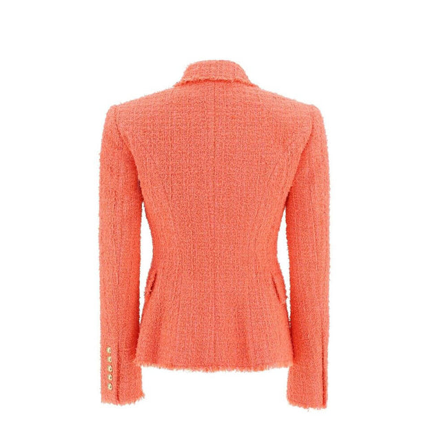 Orange Cotton BlazerDescription: – Composition: 6% Cotton 79% Polyamide 15% Wool – Long sleeves – Peak lapels – Front button closure – Button cuffs – Two side pocket with flap – One small front pocket – Made in Poland – Gender: WOMEN – Size & Fit: – Fits