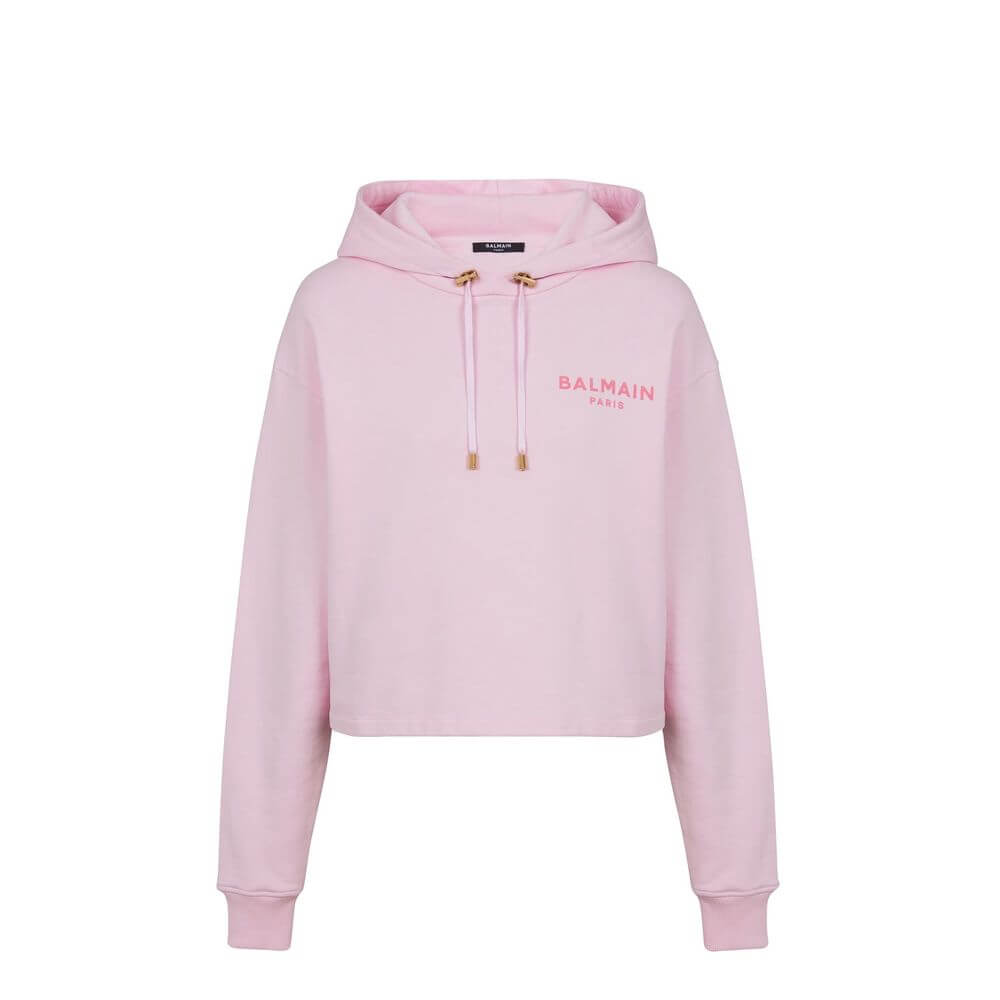 Multicolor Cotton SweatshirtDescription: – Composition: 100% Cotton – Long sleeves – Ribbed trims – Cropped fit – Machine wash (delicate) – Contrasting flocked Balmain Paris logo on the front – Drawstring-adjustable hood – Gold metal aglets, stoppers and