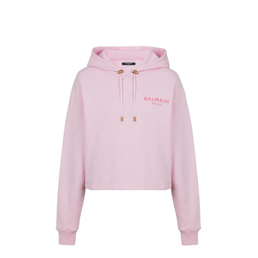 Multicolor Cotton SweatshirtDescription: – Composition: 100% Cotton – Long sleeves – Ribbed trims – Cropped fit – Machine wash (delicate) – Contrasting flocked Balmain Paris logo on the front – Drawstring-adjustable hood – Gold metal aglets, stoppers and