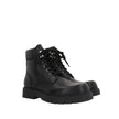 Black Calfskin Lace-Up BootsDescription: – Composition: 100% calf leather – Inner: Leather – Insole: Leather – Sole: Rubber – Round toe – Textured leather – Front lace-up closure – Metal eyelets – Tank sole – Tone-on-tone woven motif on the collar of the