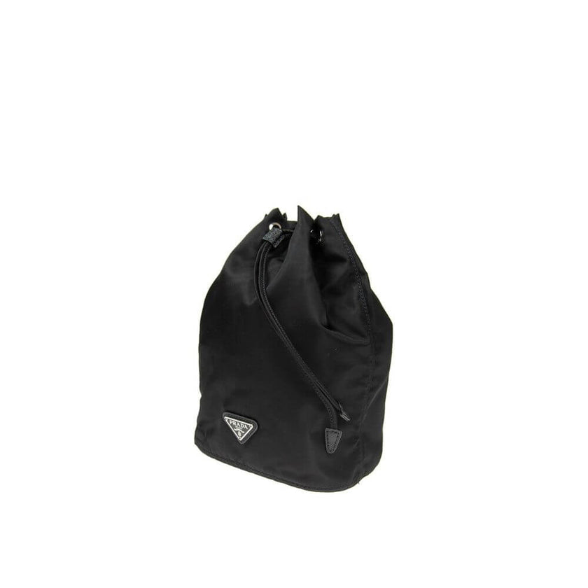 Black Nylon HandbagDescription: – Composition: 100% Nylon – Leather detail – Width 10 cm – Drawstring closure – Length 19 cm – Height 22 cm – Front enamelled metal triangle logo – No handle – No shoulder strap – Made in Turkey – Gender: WOMEN –Black Nylon