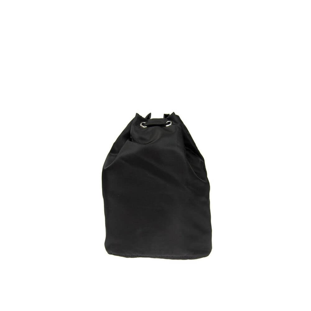 Black Nylon HandbagDescription: – Composition: 100% Nylon – Leather detail – Width 10 cm – Drawstring closure – Length 19 cm – Height 22 cm – Front enamelled metal triangle logo – No handle – No shoulder strap – Made in Turkey – Gender: WOMEN –Black Nylon