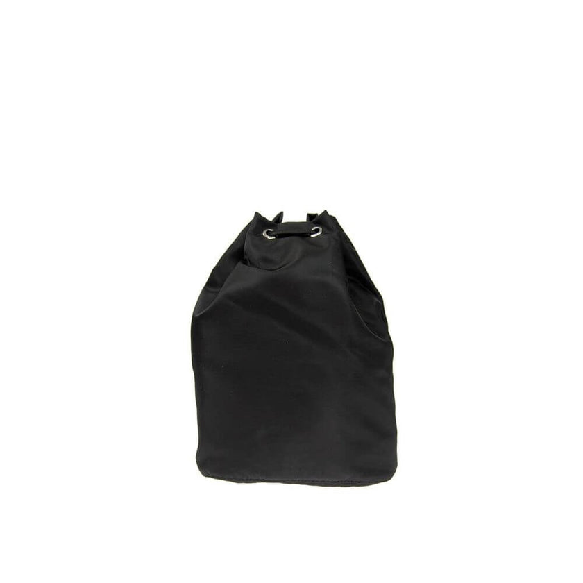 Black Nylon HandbagDescription: – Composition: 100% Nylon – Leather detail – Width 10 cm – Drawstring closure – Length 19 cm – Height 22 cm – Front enamelled metal triangle logo – No handle – No shoulder strap – Made in Turkey – Gender: WOMEN –Black Nylon