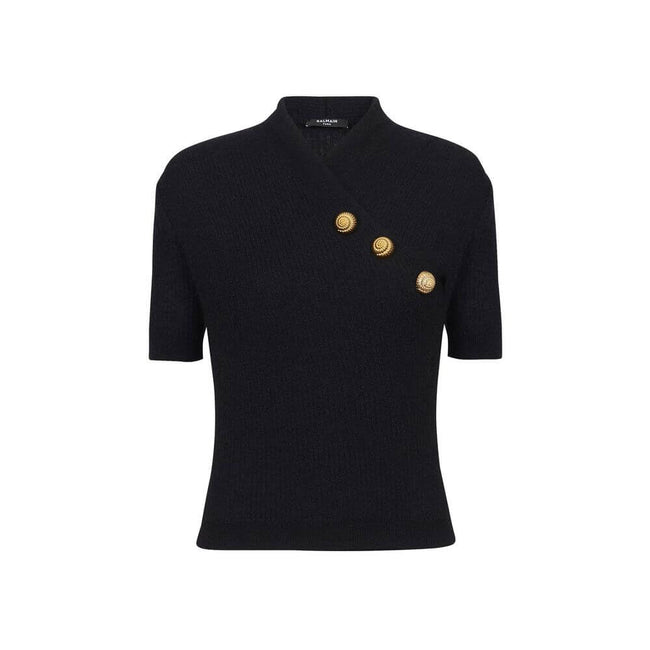 Black Merino Wool Tank TopsDescription: – Composition: 14% Merino wool 50% Mohair 36% Polyamide – Dry clean – Short sleeve – V-neckline – Knitted design – Gold metal buttons detail – Made in Italy – Gender: WOMEN –Black Merino Wool Tank Tops${tagsBalmainA