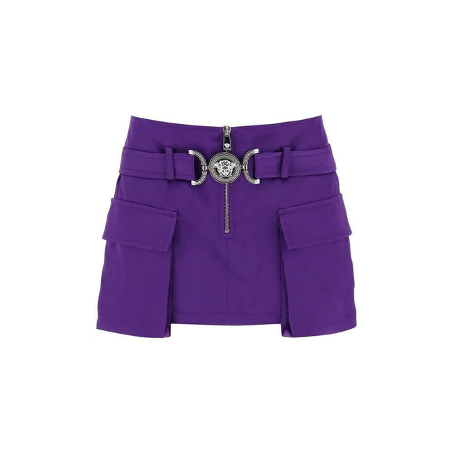 Purple Viscose Mini SkirtDescription: – Composition: 100% Viscose – Viscose satin – Side cargo pockets – The model is 177 cm tall and wears a size IT 40 – The fit is snug – Front zip closure – Made in Italy – Gender: WOMEN –Purple Viscose Mini Skirt${tags