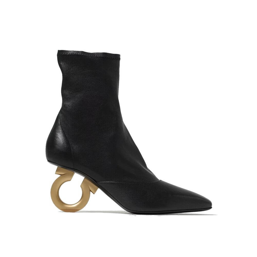 Black Lamb Leather High Heel BootsDescription: – Composition: 100% Lamb Leather – Inner: Leather – Insole: Leather – Sole: Leather – Square toe – Heel 7 cm – Slip on – Sock design – Medium shaft – Elasticated ankle – Reinforced heel – Gancini Ferragamo me