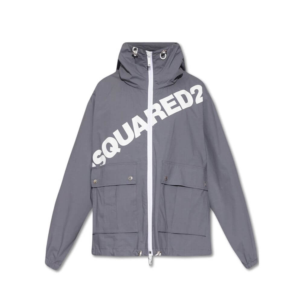 Gray Cotton Shell JacketDescription: – Composition: 100% Cotton – Long sleeves – Machine wash – Drawstring hood – Two front pockets – Elasticated cuffs – Front zip closure – Front logo detail – Drawstring hem – Made in Italy – Gender: MEN –Gray Cotton She