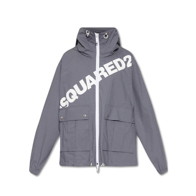 Gray Cotton Shell JacketDescription: – Composition: 100% Cotton – Long sleeves – Machine wash – Drawstring hood – Two front pockets – Elasticated cuffs – Front zip closure – Front logo detail – Drawstring hem – Made in Italy – Gender: MEN –Gray Cotton She