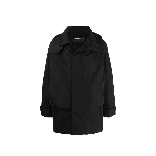 Black Nylon Rain CoatDescription: – Composition: 100% nylon – fully lined – front zip and velcro strap closure – non detachable hood – two zipped pockets – back logo detail – machine wash – made in Italy –Black Nylon Rain Coat${tagsDsquared²Black Nylon Ra