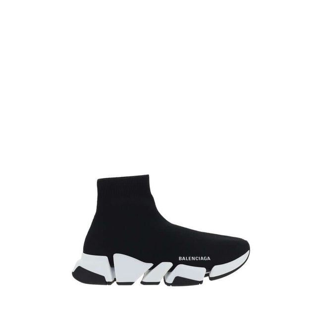 Black Polyester Athletic SneakersSpeed Sneakers by Balenciaga feature an elongated toe and a sock-like design that ensures a snug, modern fit. The contrasting printed logo on the outer side adds a recognizable style detail, making these sneakers a perfect