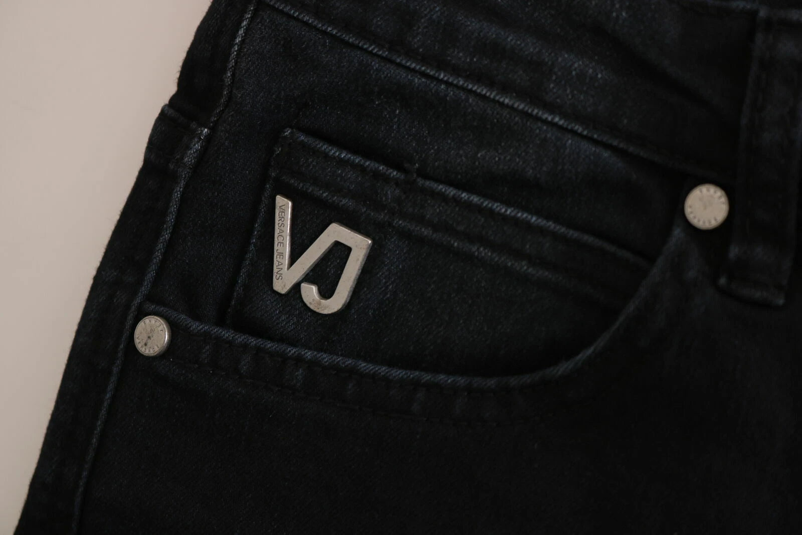 Dark Black Versace Slim Fit Cotton Denim Pants