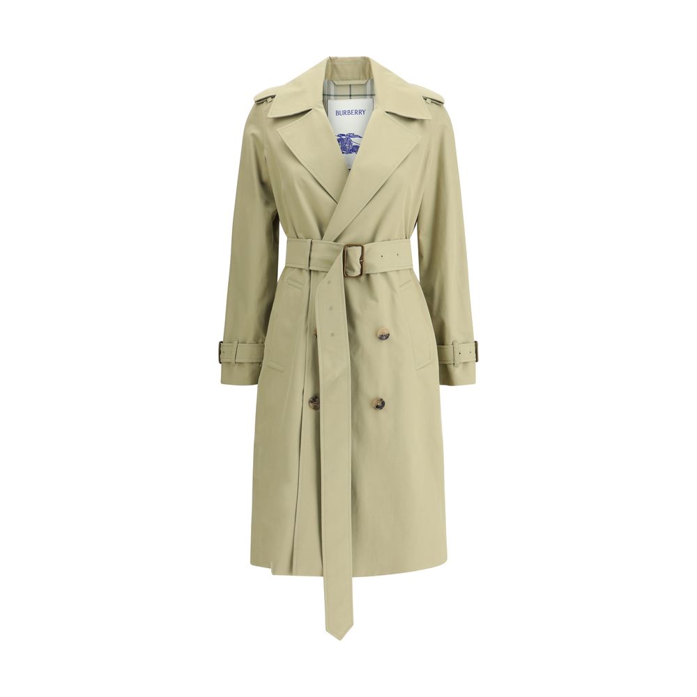 Beige Cotton Trench CoatThe Burberry cotton Trench Coat features wide notch lapels and a double-breasted front fastening with buttons, which enhance its timeless elegance. The two side welt pockets add a practical and refined touch, while a vent at the ba