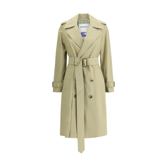 Beige Cotton Trench CoatThe Burberry cotton Trench Coat features wide notch lapels and a double-breasted front fastening with buttons, which enhance its timeless elegance. The two side welt pockets add a practical and refined touch, while a vent at the ba