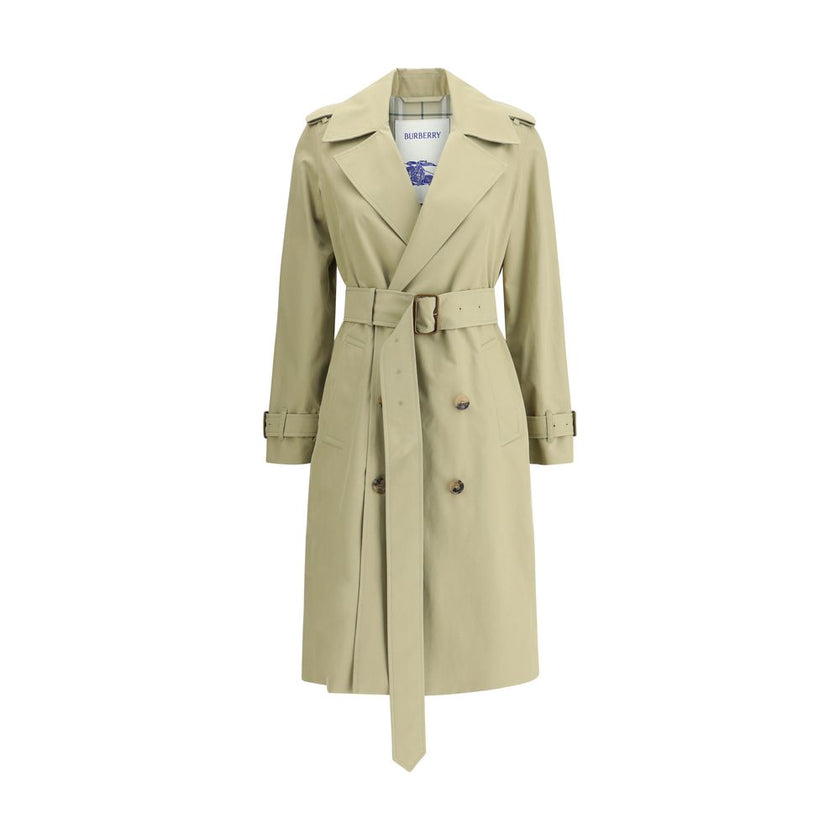 Beige Cotton Trench CoatThe Burberry cotton Trench Coat features wide notch lapels and a double-breasted front fastening with buttons, which enhance its timeless elegance. The two side welt pockets add a practical and refined touch, while a vent at the ba