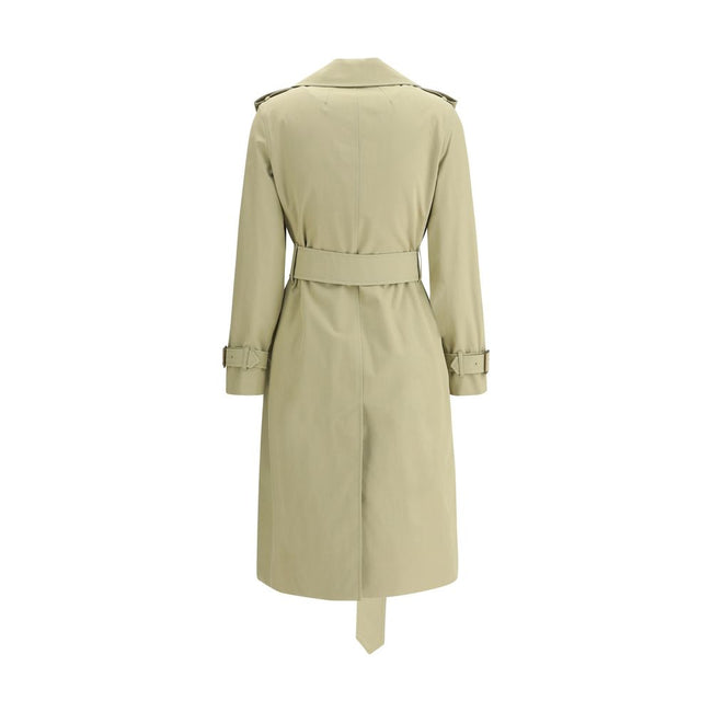 Beige Cotton Trench CoatThe Burberry cotton Trench Coat features wide notch lapels and a double-breasted front fastening with buttons, which enhance its timeless elegance. The two side welt pockets add a practical and refined touch, while a vent at the ba