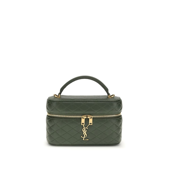 Green Calf Leather Bos Taurus HandbagThe Vanity Gaby leather Handbag by Saint Laurent combines elegance and practicality in a compact and refined design. Featuring an all-over quilted finish, it features a flat top handle, a double-slider twist closure, a