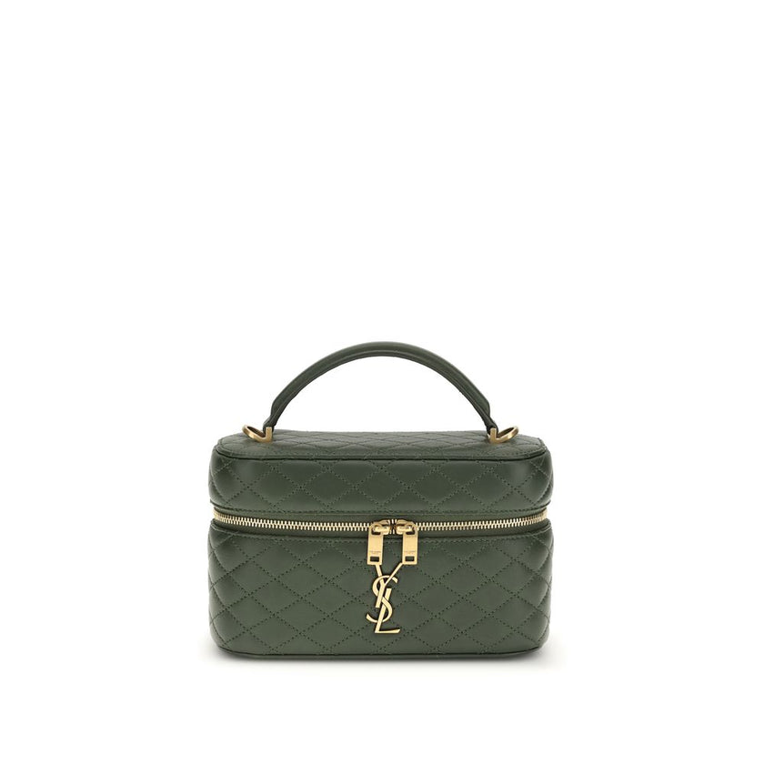 Green Calf Leather Bos Taurus HandbagThe Vanity Gaby leather Handbag by Saint Laurent combines elegance and practicality in a compact and refined design. Featuring an all-over quilted finish, it features a flat top handle, a double-slider twist closure, a