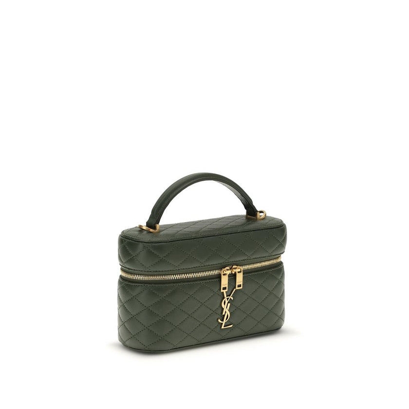Green Calf Leather Bos Taurus HandbagThe Vanity Gaby leather Handbag by Saint Laurent combines elegance and practicality in a compact and refined design. Featuring an all-over quilted finish, it features a flat top handle, a double-slider twist closure, a