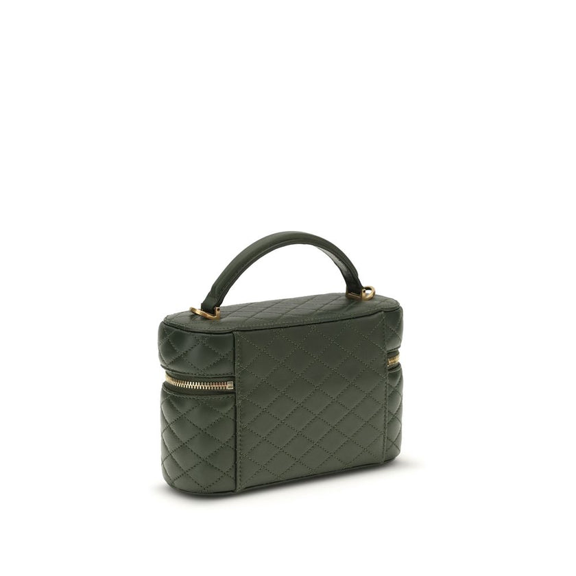 Green Calf Leather Bos Taurus HandbagThe Vanity Gaby leather Handbag by Saint Laurent combines elegance and practicality in a compact and refined design. Featuring an all-over quilted finish, it features a flat top handle, a double-slider twist closure, a