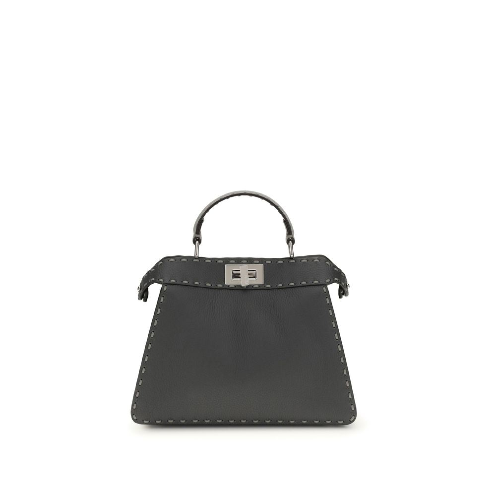 Gray Leather Shoulder BagThe Peekaboo ISeeU small Handbag by Fendi is crafted from brown Cuoio Romano leather with cappuccino-colored side panels, featuring a natural grain achieved through a metal-free tanning process.The leather-lined interior is divide