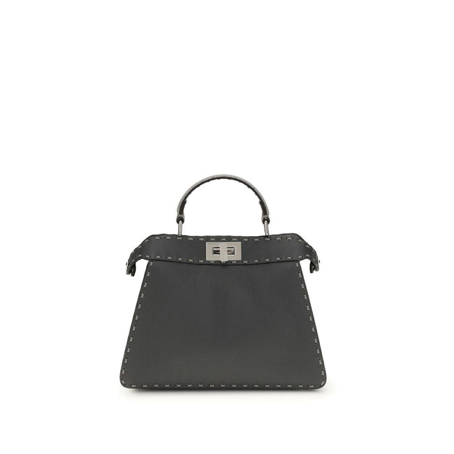Gray Leather Shoulder BagThe Peekaboo ISeeU small Handbag by Fendi is crafted from brown Cuoio Romano leather with cappuccino-colored side panels, featuring a natural grain achieved through a metal-free tanning process.The leather-lined interior is divide