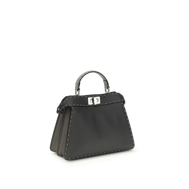 Gray Leather Shoulder BagThe Peekaboo ISeeU small Handbag by Fendi is crafted from brown Cuoio Romano leather with cappuccino-colored side panels, featuring a natural grain achieved through a metal-free tanning process.The leather-lined interior is divide