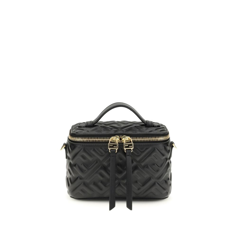 Black Calf Leather Bos Taurus HandbagVanity Handbag by Fendi is an elegant leather accessory featuring an embossed FF motif that decorates the entire surface, enhancing the house’s iconic design. Equipped with a flat leather handle and a removable shoulde
