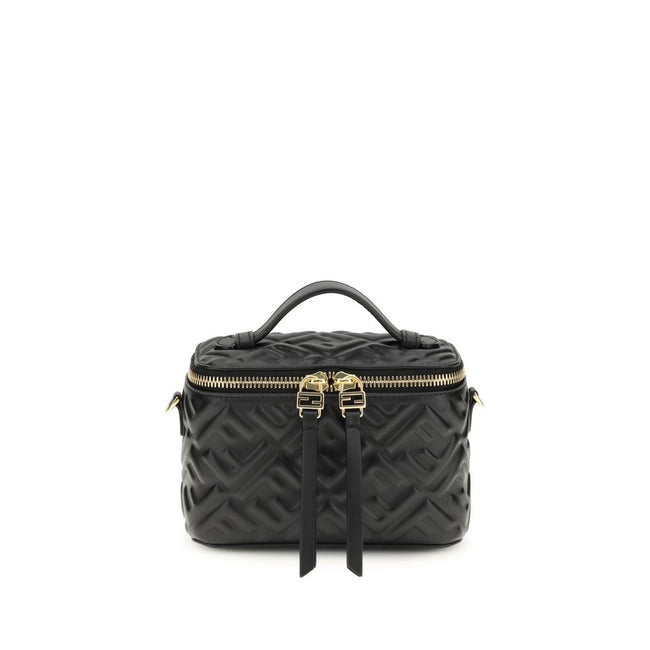 Black Calf Leather Bos Taurus HandbagVanity Handbag by Fendi is an elegant leather accessory featuring an embossed FF motif that decorates the entire surface, enhancing the house’s iconic design. Equipped with a flat leather handle and a removable shoulde