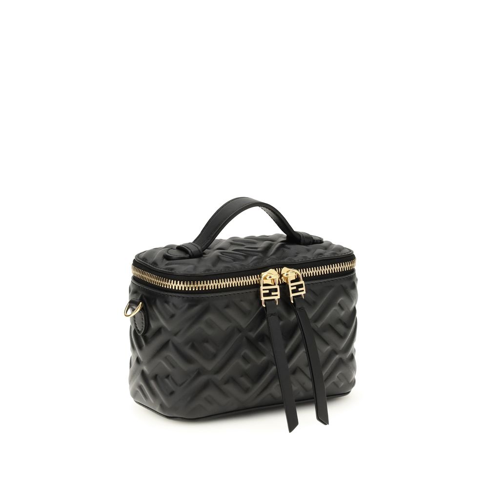 Black Calf Leather Bos Taurus HandbagVanity Handbag by Fendi is an elegant leather accessory featuring an embossed FF motif that decorates the entire surface, enhancing the house’s iconic design. Equipped with a flat leather handle and a removable shoulde