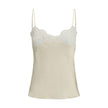 Cream Silk TopThe washed silk satin and lace Camisole by Chloé embodies delicate and refined femininity. Crafted from pure washed silk satin, it features a fluid silhouette with thin straps and lace inserts that add a romantic touch. The style can be worn