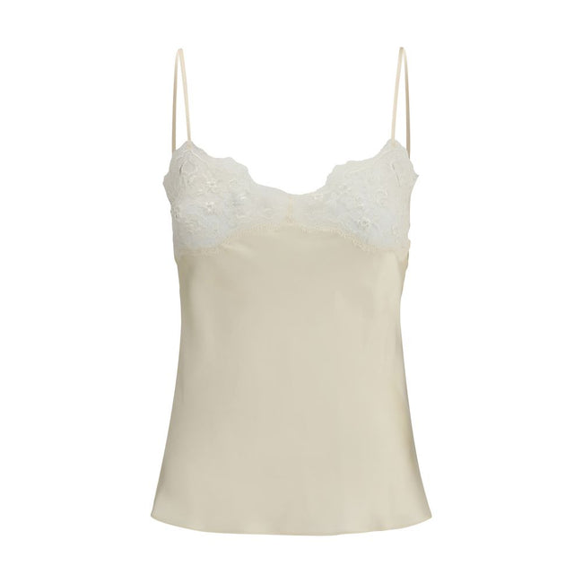 Cream Silk TopThe washed silk satin and lace Camisole by Chloé embodies delicate and refined femininity. Crafted from pure washed silk satin, it features a fluid silhouette with thin straps and lace inserts that add a romantic touch. The style can be worn