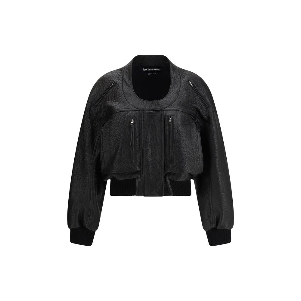 Black Lamb Leather SweatshirtThe Tore Bomber by Jacquemus, crafted from supple hammered lamb leather, merges craftsmanship with contemporary design for a piece of distinctive character. The concealed front closure with zip and snap buttons, paired with a