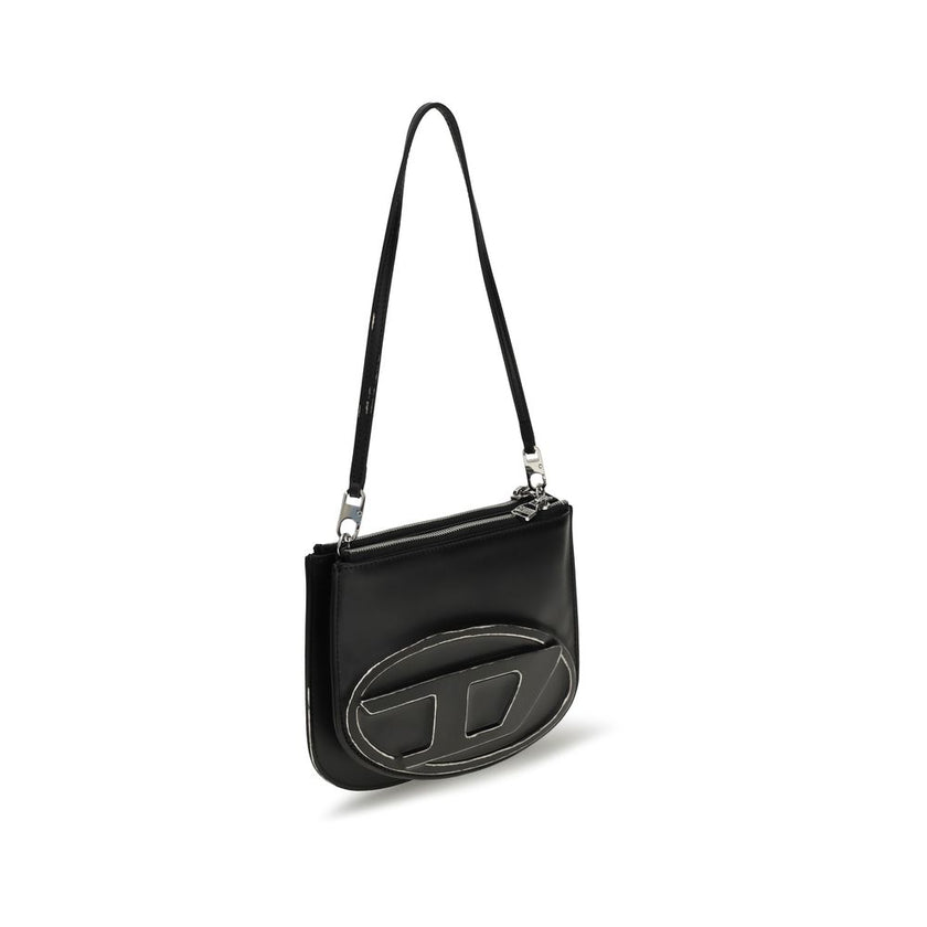 Black Calf Leather Bos Taurus Shoulder Bag1DR Twin Shoulder Bag by Diesel is made of smooth leather and embellished with an embossed D motif on the front, emblematic of the brand’s distinctive style. It features a removable flat handle and an adjustable,