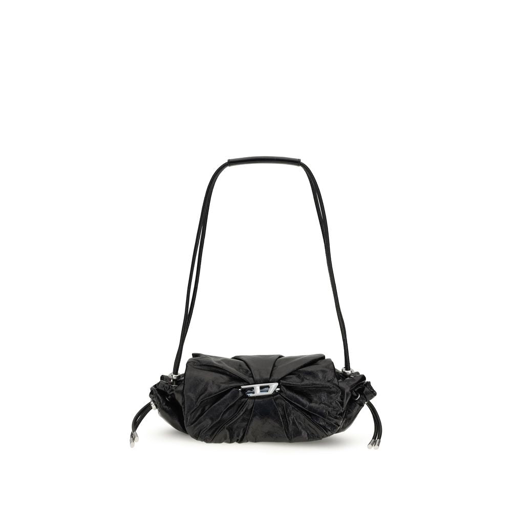 Black Calf Leather Bos Taurus Shoulder BagThe Scrunch-D Shoulder Bag by Diesel is a modern and practical accessory. Featuring two round handles, it offers a front closure with a magnetic flap for easy access to its contents. The brand’s iconic appliquéd l