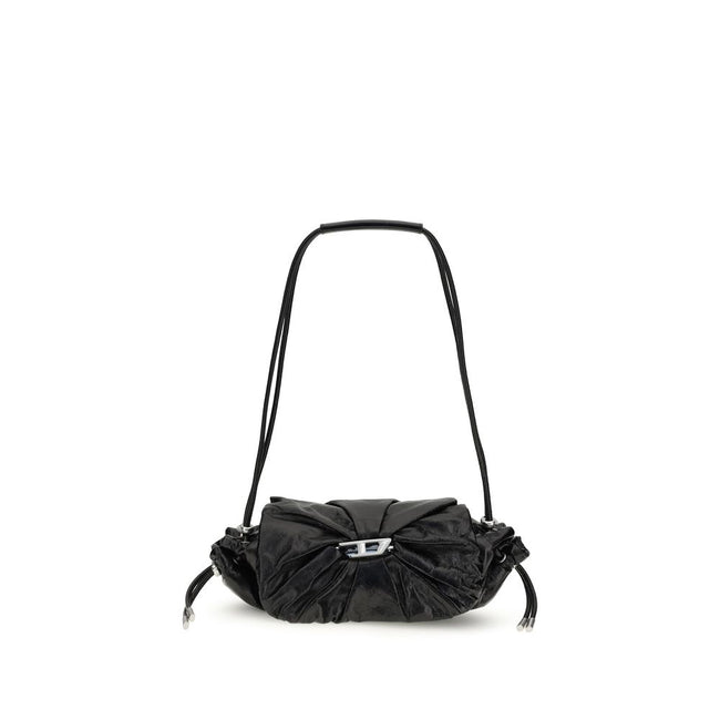 Black Calf Leather Bos Taurus Shoulder BagThe Scrunch-D Shoulder Bag by Diesel is a modern and practical accessory. Featuring two round handles, it offers a front closure with a magnetic flap for easy access to its contents. The brand’s iconic appliquéd l