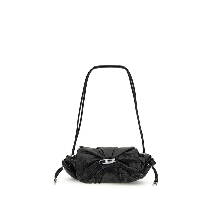 Black Calf Leather Bos Taurus Shoulder BagThe Scrunch-D Shoulder Bag by Diesel is a modern and practical accessory. Featuring two round handles, it offers a front closure with a magnetic flap for easy access to its contents. The brand’s iconic appliquéd l
